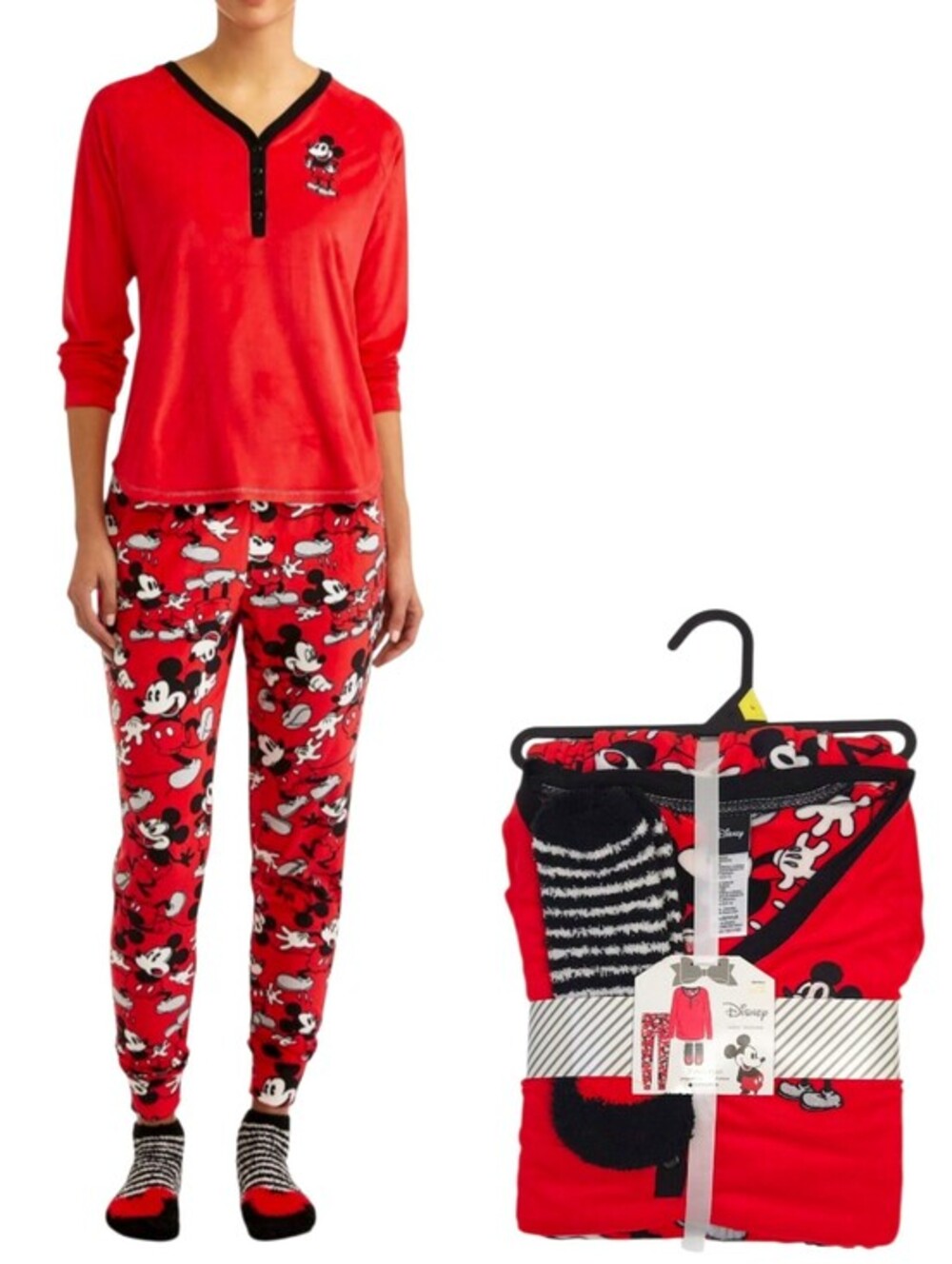 NWT Disney Mickey Mouse Red Embroidered Soft Fleece Pajamas & Socks Gift Set- L